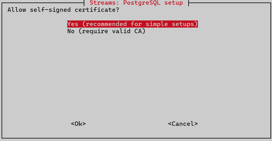 postgres streams allow self signed