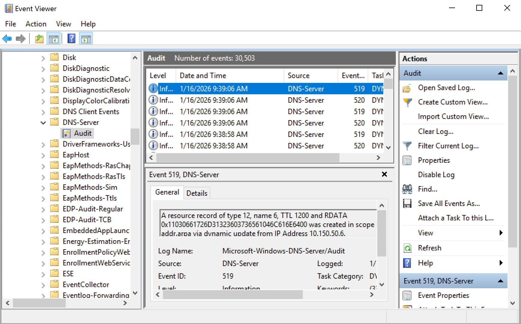 microsoft dns server audit eventviewer