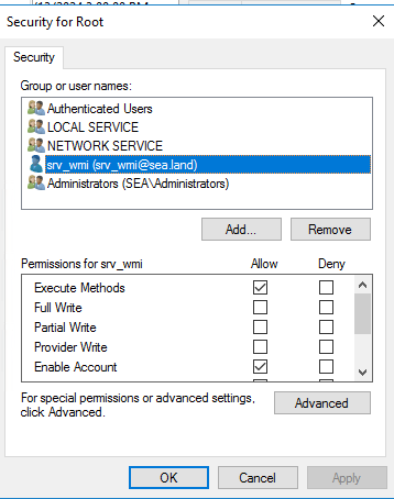ms windows events wmi account security permissions