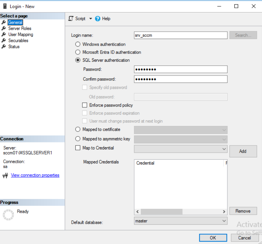 microsoft ecm mssql create account