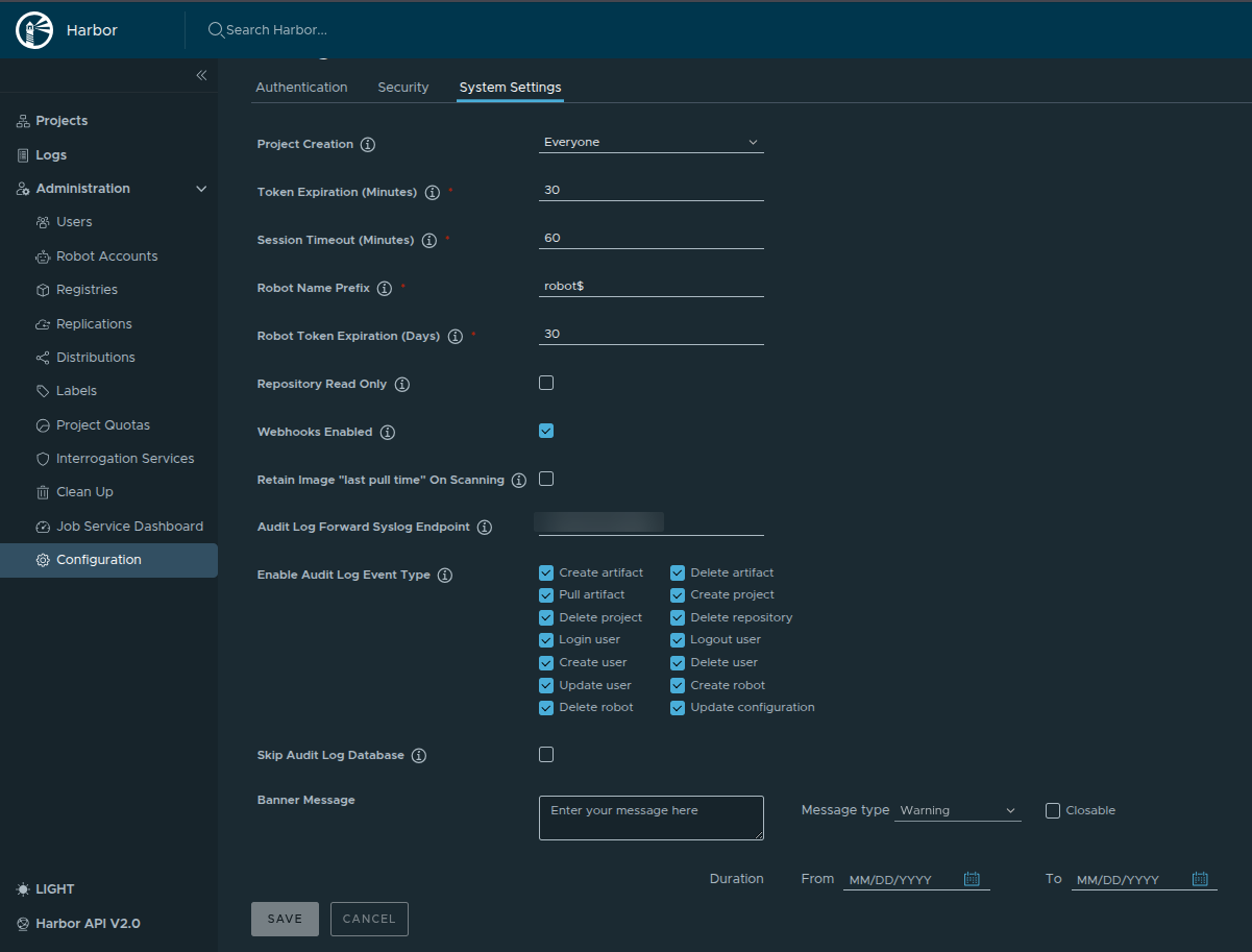 docker harbor audit syslog settings