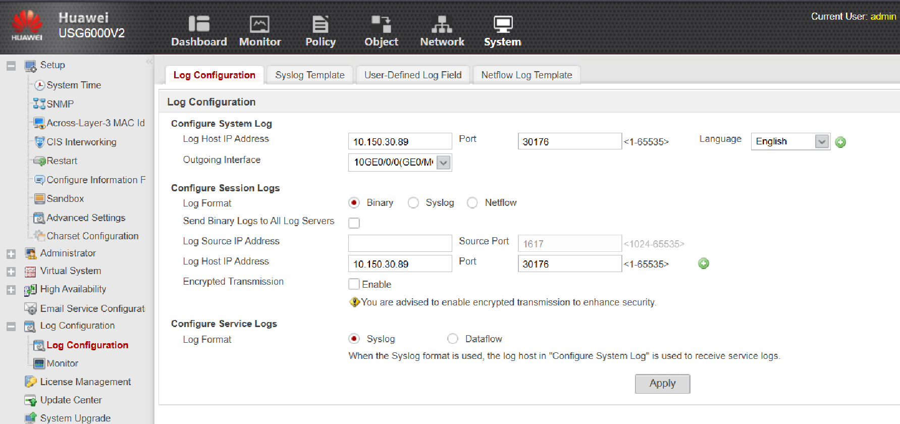 huawei usg configure logging