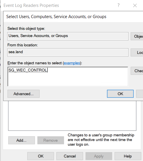 wec group add event log readers