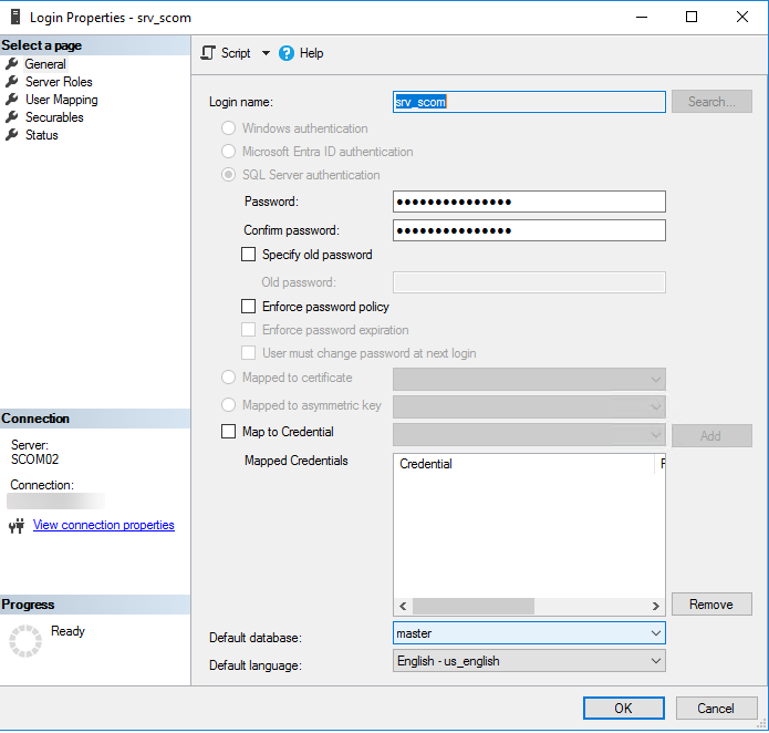 microsoft scom mssql create account